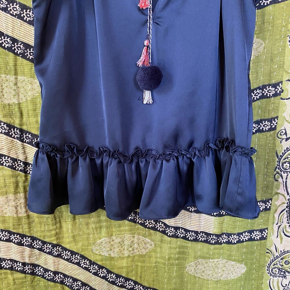NWOT Misa Blue Fleur Pom Pom Sleeveless V-Neck Satin Blouse Size Extra Small - Picture 6 of 15